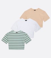 New Look Girls 3 Pack Green Stripe White and Camel T-Shirts